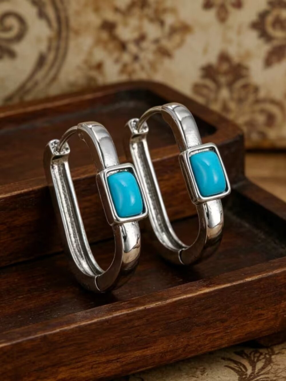 14K White Gold Womens Turquoise Gemstone Hoop Earrings 14 K Silver Hoops Jewery
